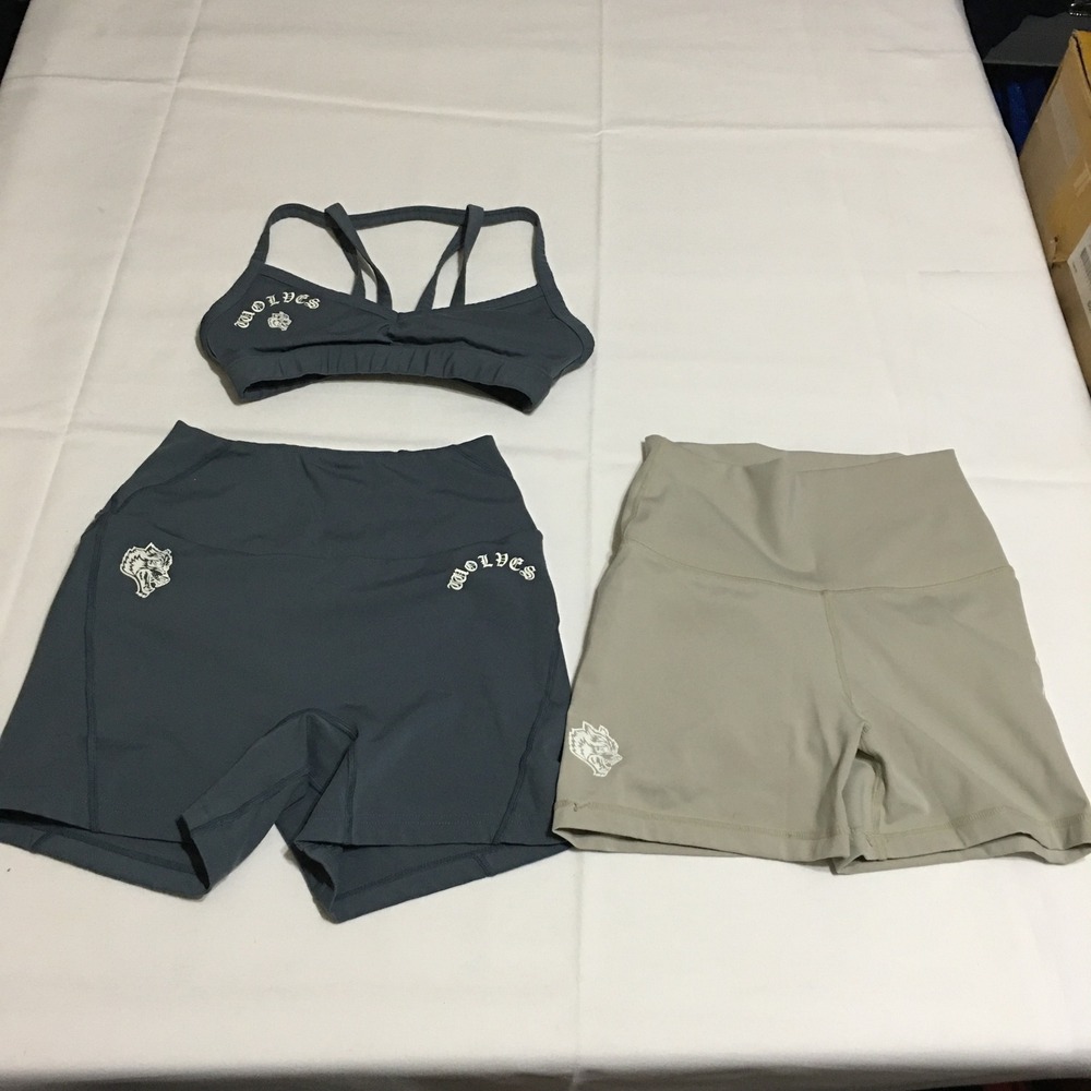 Lot of 3 Darc Sport Activewear Set Size XS Gray Tan 2 Biker Shorts + Sports Bra